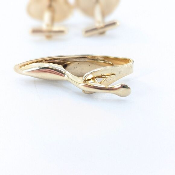 Men's Blue Gold Tone Marbled Wood Look Cufflinks and Tie Tack Set - Picture 3 of 4